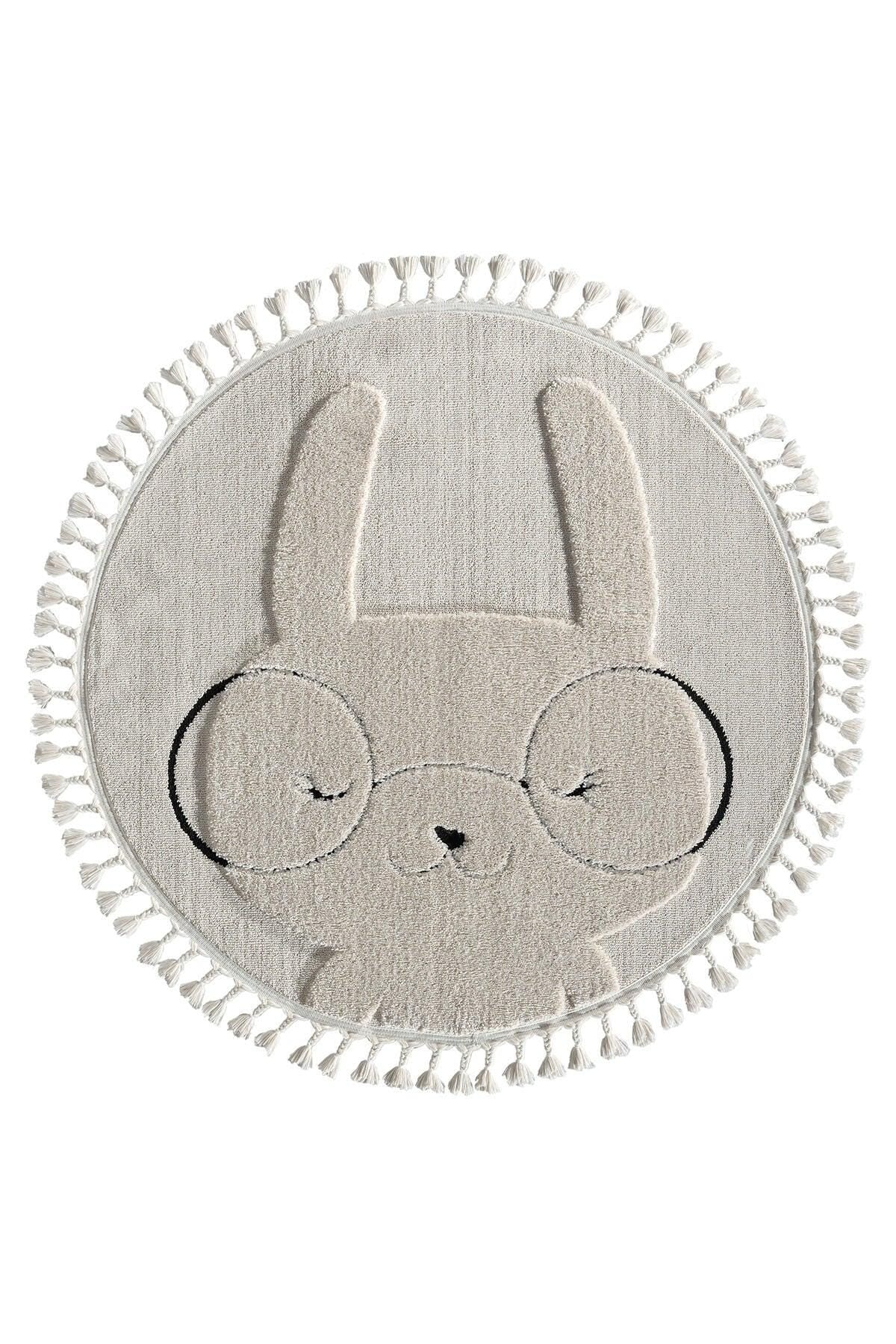Round Bunny Nursery Rug with Tassels – Boho Cream Cotton Play Mat