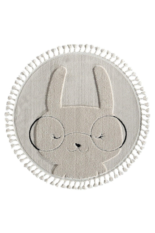 Round Bunny Nursery Rug with Tassels – Boho Cream Cotton Play Mat