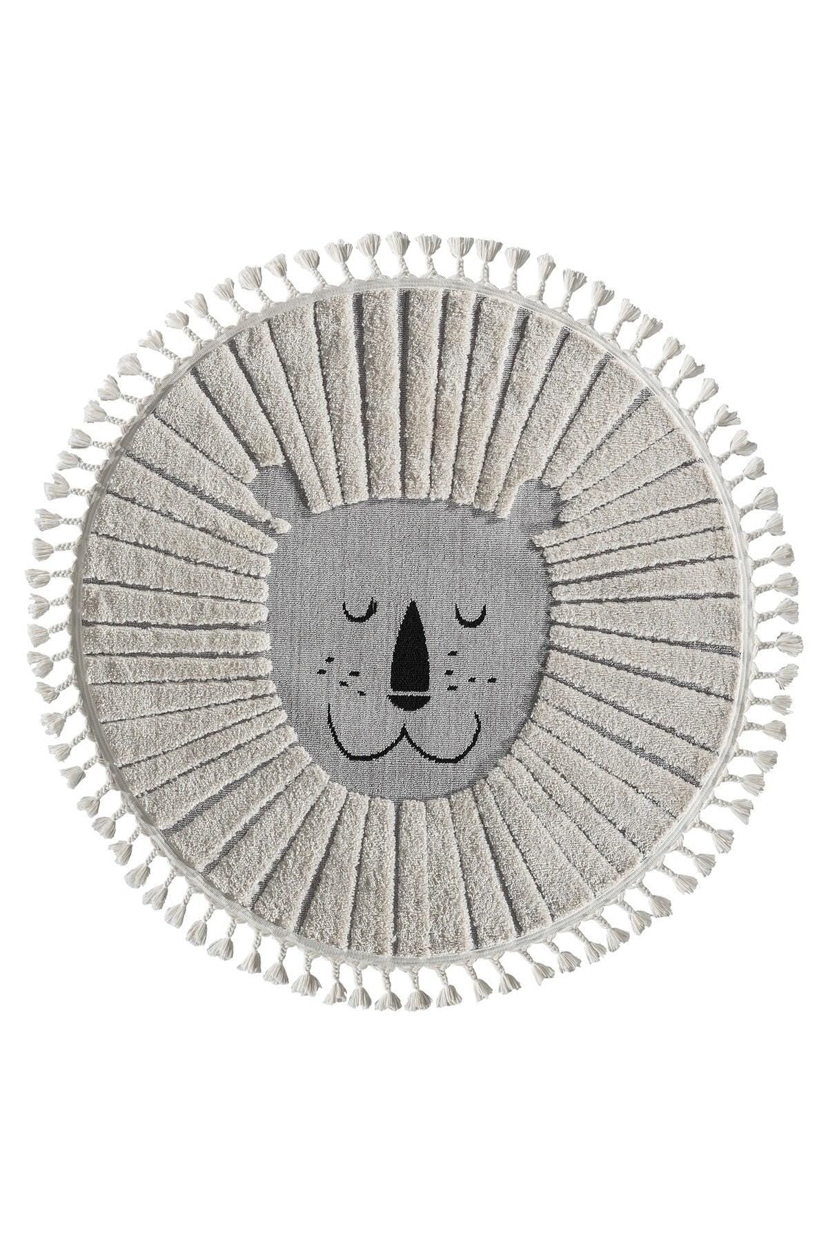 Round Lion Nursery Rug with Tassels – Neutral Boho Play Mat