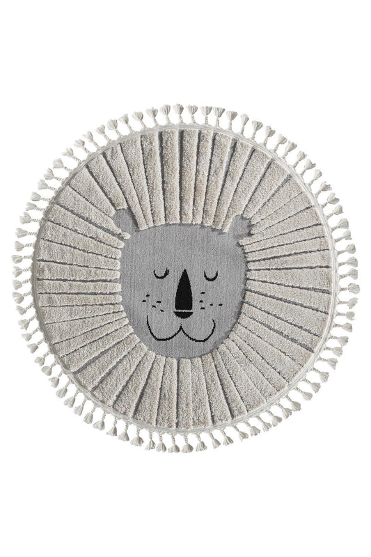Round Lion Nursery Rug with Tassels – Neutral Boho Play Mat