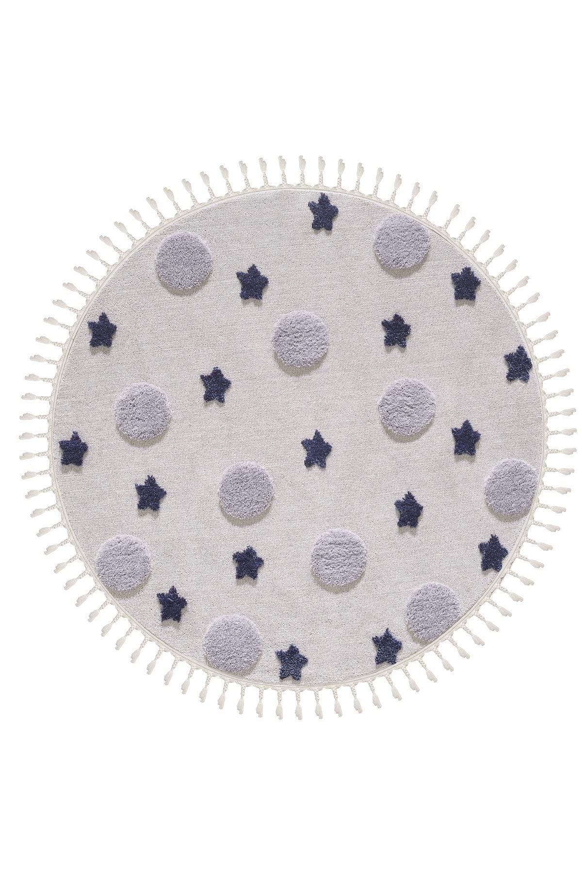 Round Galaxy Nursery Rug with Tassels – Celestial Boho Kids Room Decor