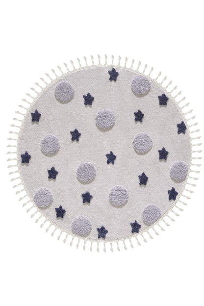 Round Galaxy Nursery Rug with Tassels – Celestial Boho Kids Room Decor
