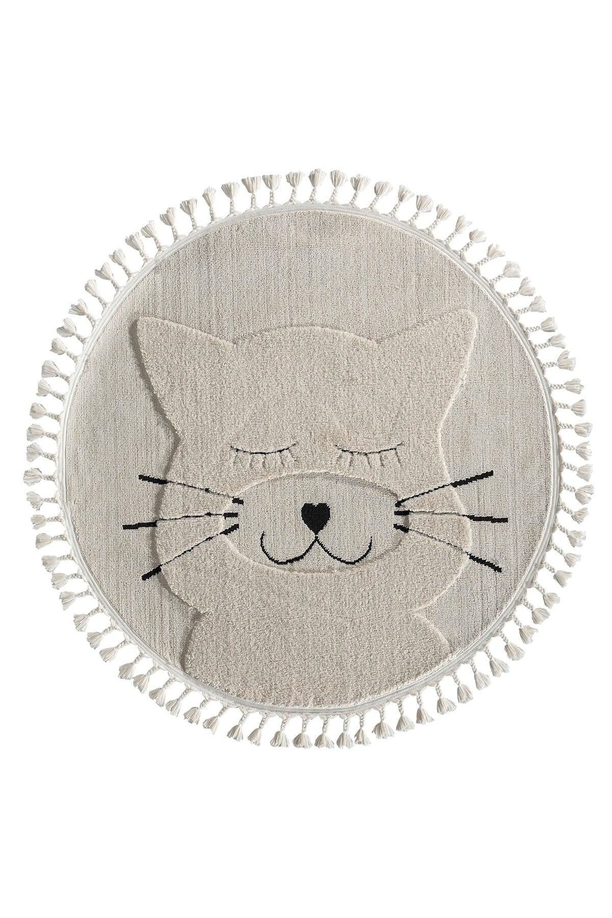 Round Boho Cat Nursery Rug – Tasseled Cotton Play Mat, Neutral Beige Kitty Design