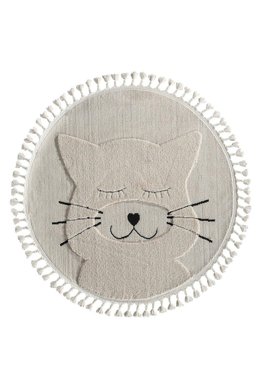 Round Boho Cat Nursery Rug – Tasseled Cotton Play Mat, Neutral Beige Kitty Design