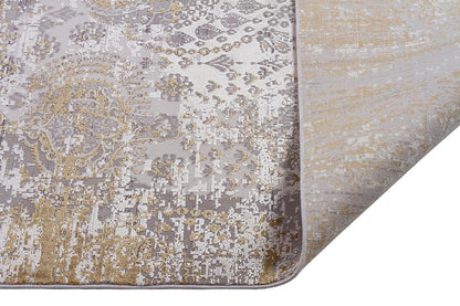8x11 ft, Vintage-Inspired Distressed Damask Area Rug - Abstract Gold and Silver Gray Rug