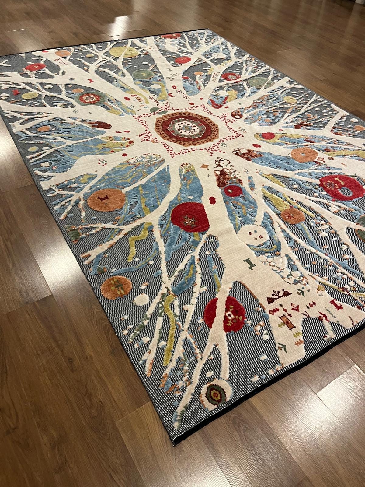 7x10ft, Tree of Life Wool Rug, Designed Folk Art Area Rug, Bohemian Nature Decor