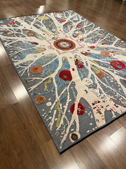 7x10ft, Tree of Life Wool Rug, Designed Folk Art Area Rug, Bohemian Nature Decor