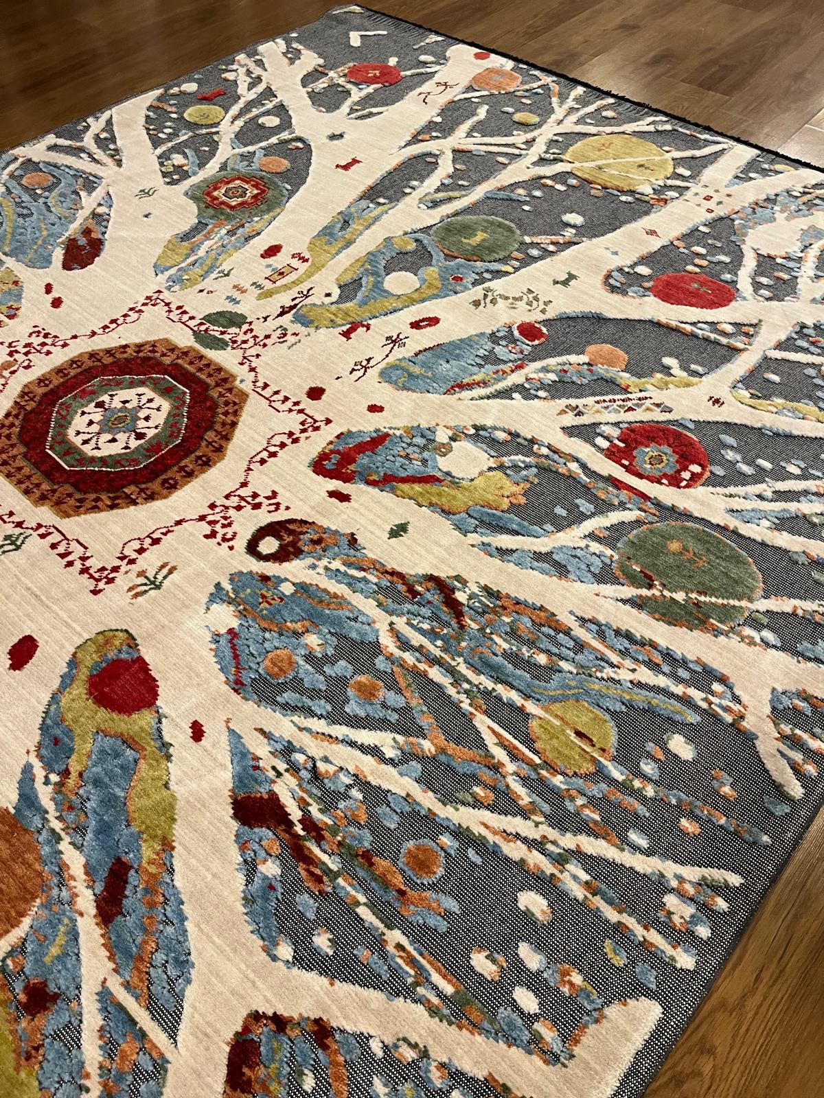 7x10ft, Tree of Life Wool Rug, Designed Folk Art Area Rug, Bohemian Nature Decor