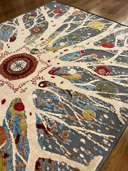 7x10ft, Tree of Life Wool Rug, Designed Folk Art Area Rug, Bohemian Nature Decor