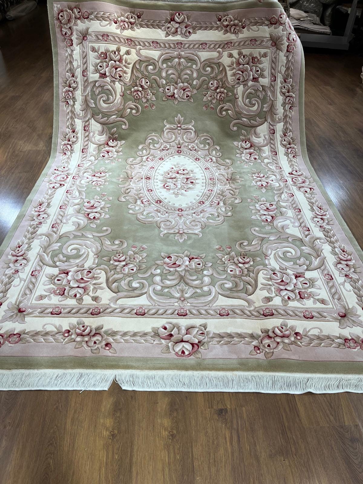 7x10 ft, 100% Wool Hand-Carved Floral Medallion Rug, Sage Green Traditional Home Decor