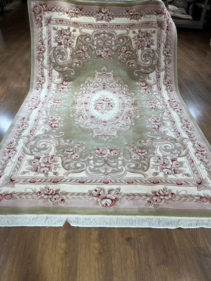 7x10 ft, 100% Wool Hand-Carved Floral Medallion Rug, Sage Green Traditional Home Decor
