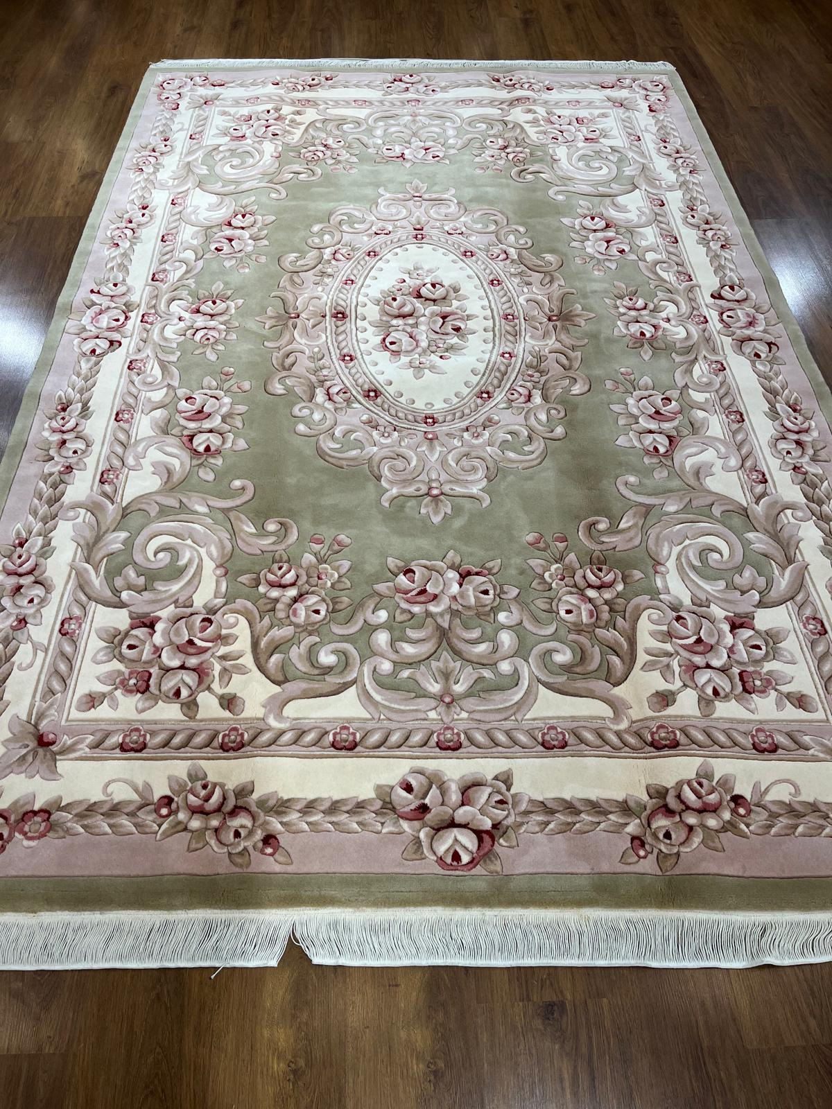 7x10 ft, 100% Wool Hand-Carved Floral Medallion Rug, Sage Green Traditional Home Decor