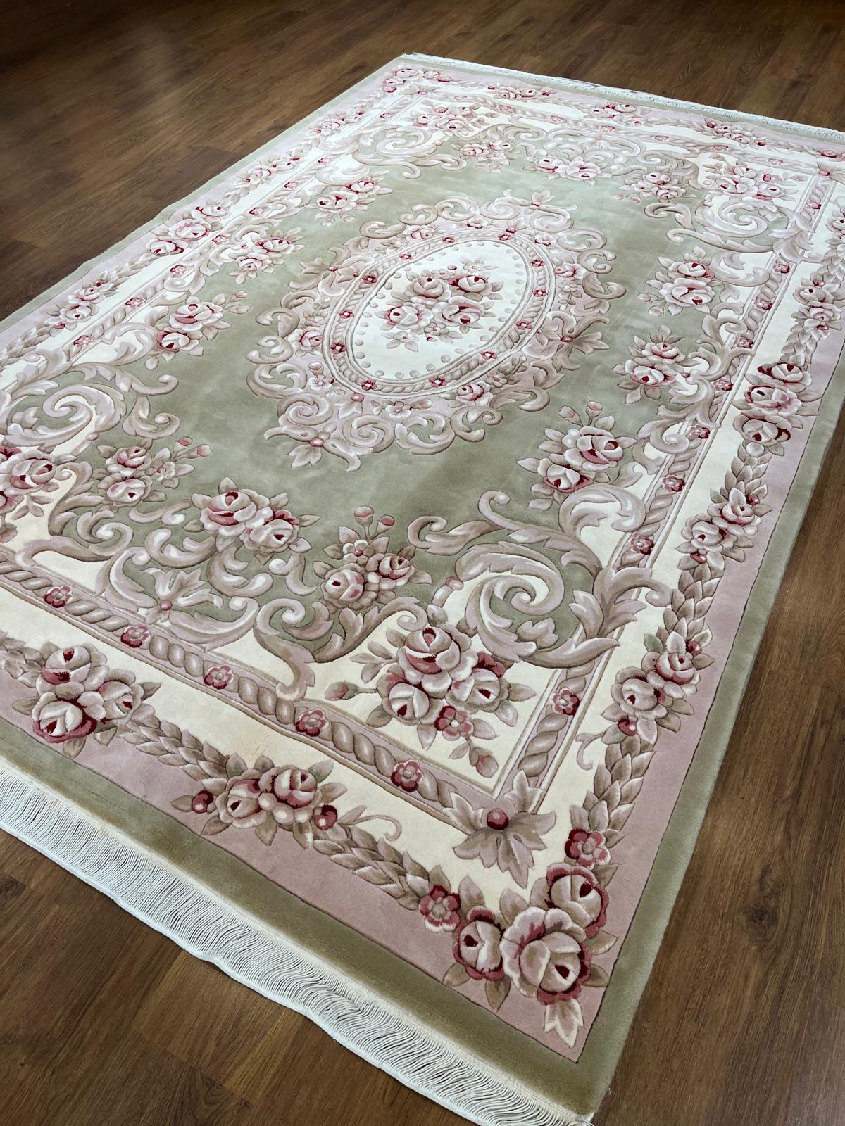 7x10 ft, 100% Wool Hand-Carved Floral Medallion Rug, Sage Green Traditional Home Decor