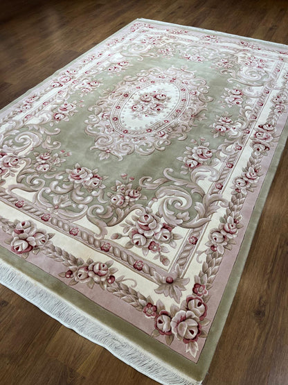 7x10 ft, 100% Wool Hand-Carved Floral Medallion Rug, Sage Green Traditional Home Decor