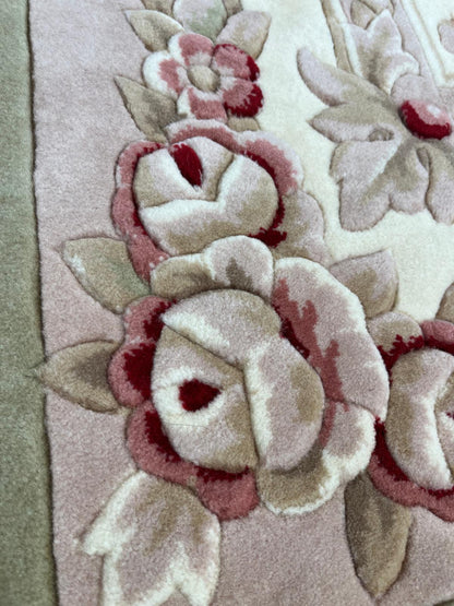 7x10 ft, 100% Wool Hand-Carved Floral Medallion Rug, Sage Green Traditional Home Decor