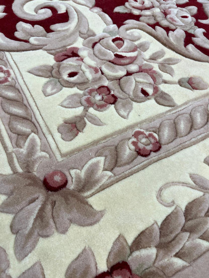 7x10 ft, Hand-Carved Wool Area Rug, Classic Red Floral Medallion Traditional Carpet