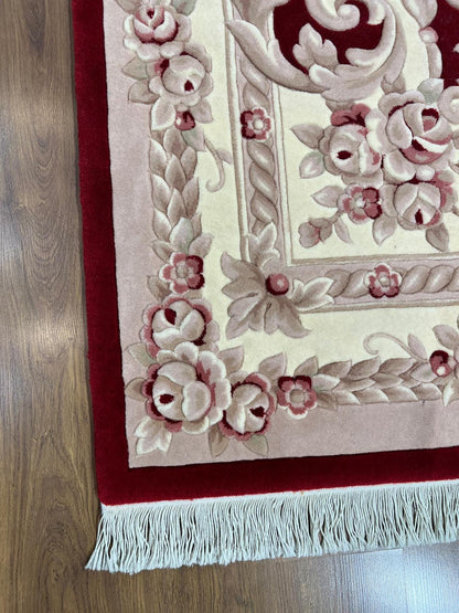7x10 ft, Hand-Carved Wool Area Rug, Classic Red Floral Medallion Traditional Carpet