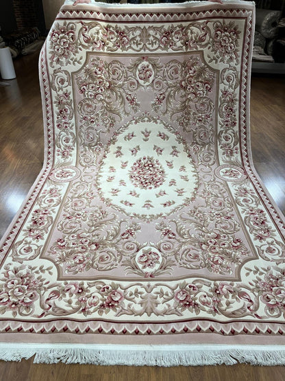 7x10 ft, 100% Wool Hand-Carved Floral Rug, Rose Red Cream Scalloped Border