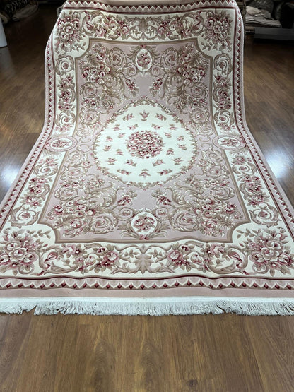 7x10 ft, 100% Wool Hand-Carved Floral Rug, Rose Red Cream Scalloped Border