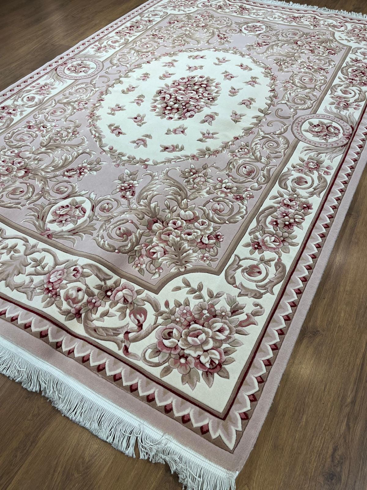 7x10 ft, 100% Wool Hand-Carved Floral Rug, Rose Red Cream Scalloped Border