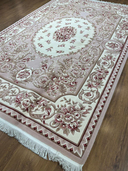 7x10 ft, 100% Wool Hand-Carved Floral Rug, Rose Red Cream Scalloped Border