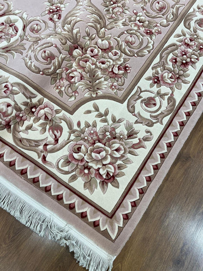 7x10 ft, 100% Wool Hand-Carved Floral Rug, Rose Red Cream Scalloped Border