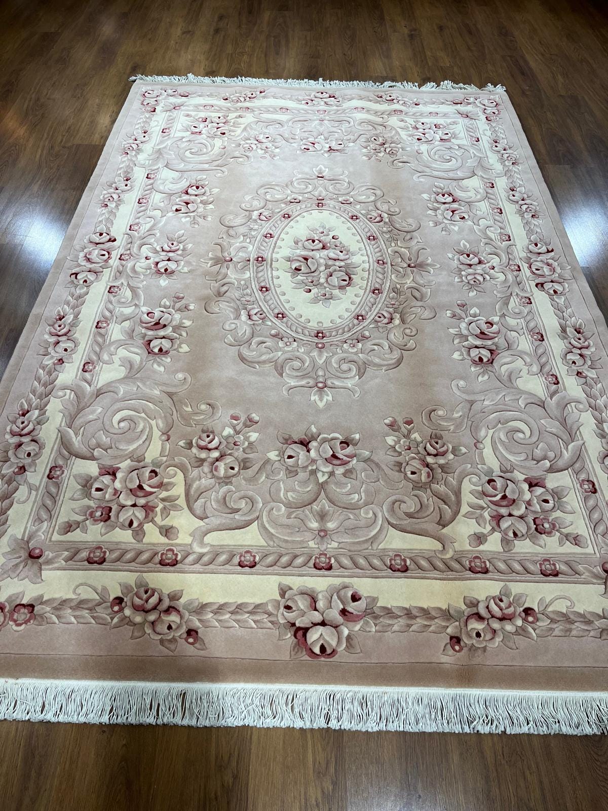 7x10 ft, Hand-Carved Wool Floral Rug, Rose Red Cream Traditional Persian Carpet
