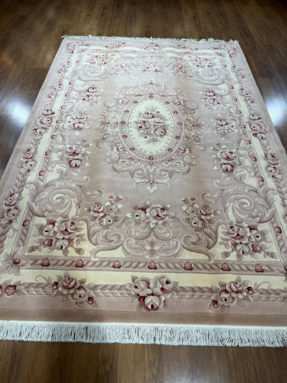 7x10 ft, Hand-Carved Wool Floral Rug, Rose Red Cream Traditional Persian Carpet