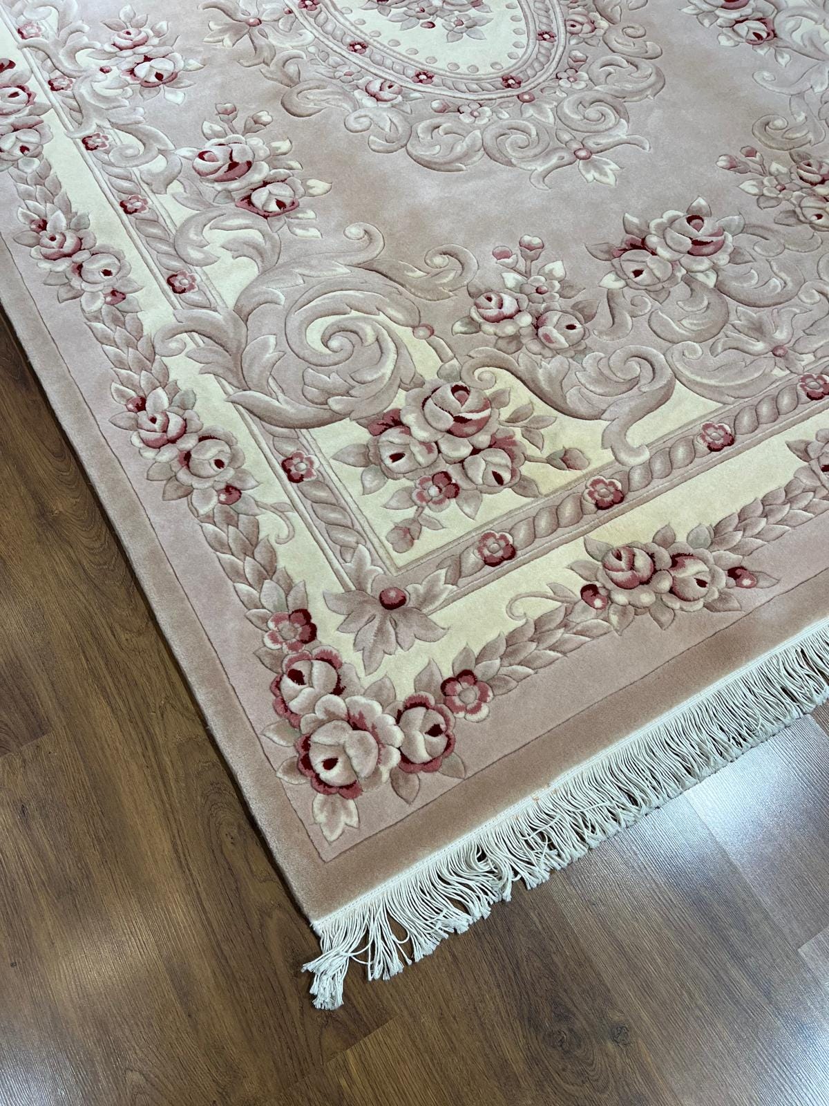 7x10 ft, Hand-Carved Wool Floral Rug, Rose Red Cream Traditional Persian Carpet