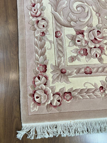 7x10 ft, Hand-Carved Wool Floral Rug, Rose Red Cream Traditional Persian Carpet