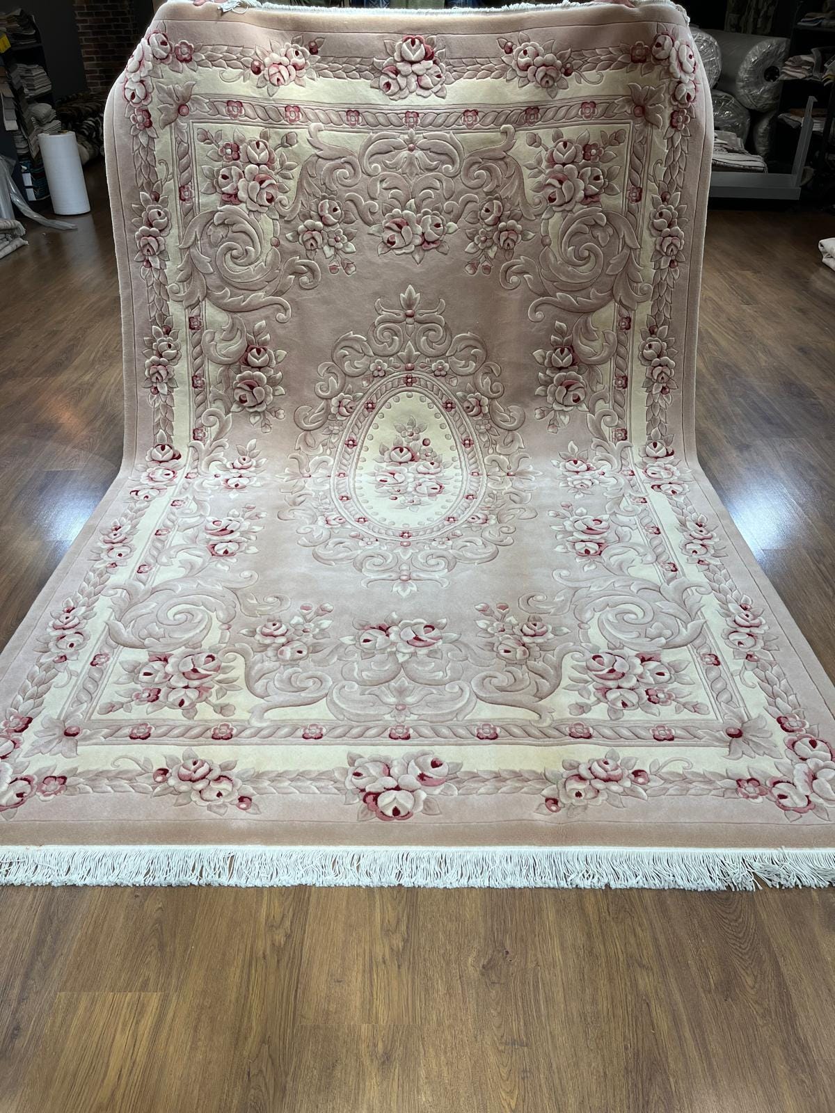 7x10 ft, Hand-Carved Wool Floral Rug, Rose Red Cream Traditional Persian Carpet