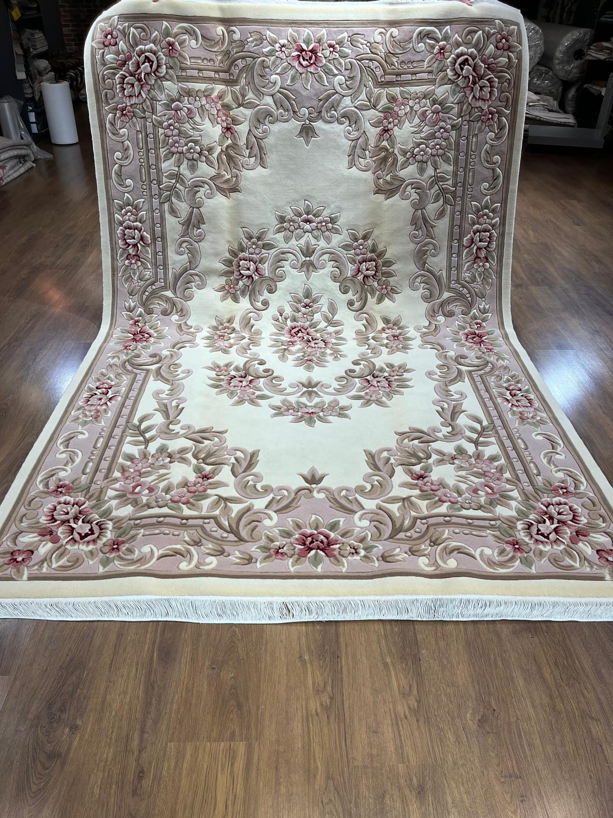 7x10 ft, 100% Wool Hand-Carved Floral Rug, Rose Red Cream, Traditional Persian Medallion Carpet