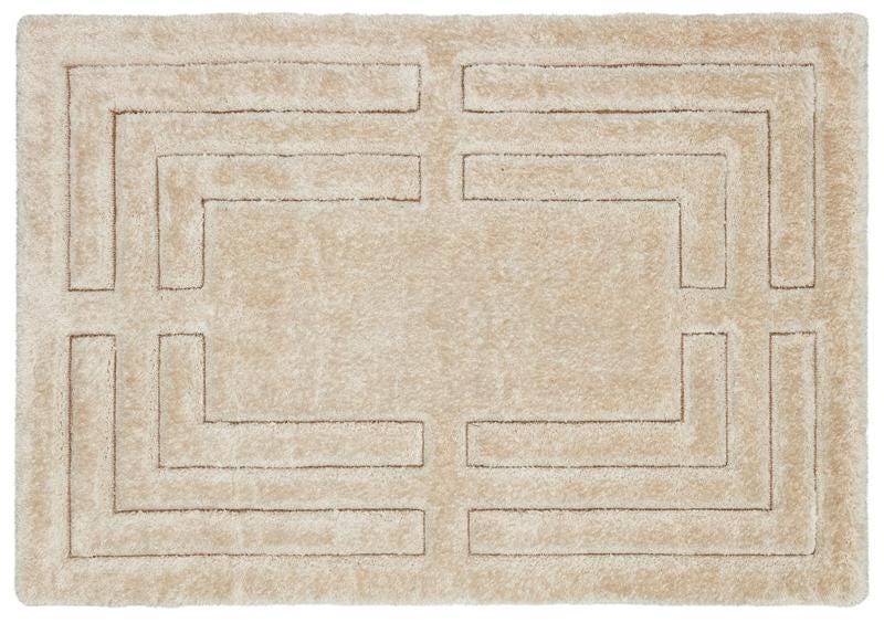 Contemporary Beige Shaggy Area Rug with Geometric Border – Soft High Pile Modern Carpet
