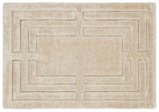 Contemporary Beige Shaggy Area Rug with Geometric Border – Soft High Pile Modern Carpet