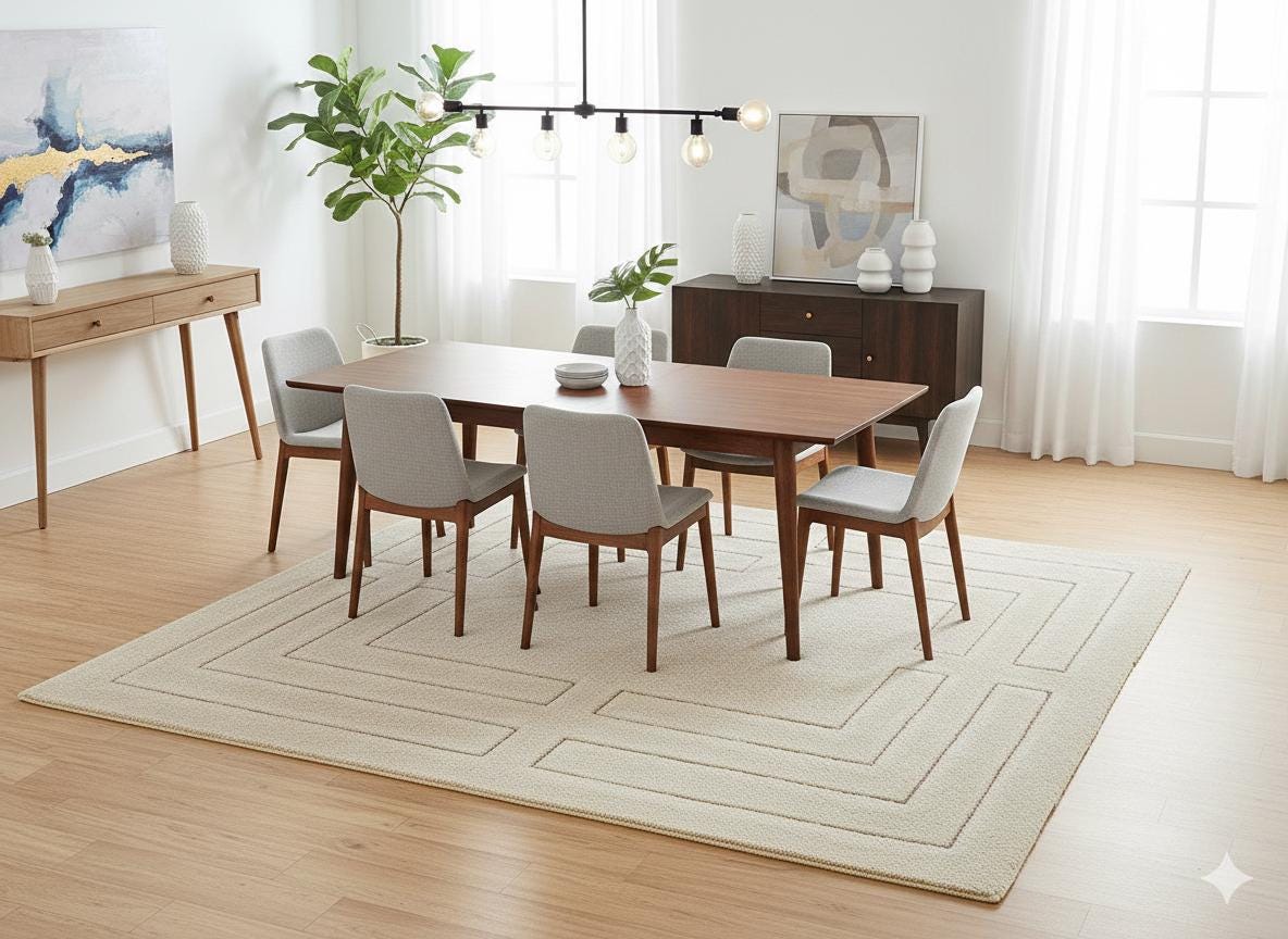 Contemporary Beige Shaggy Area Rug with Geometric Border – Soft High Pile Modern Carpet