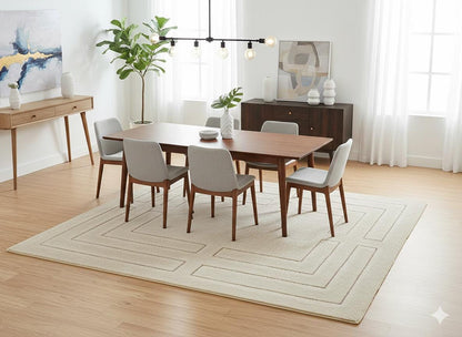 Contemporary Beige Shaggy Area Rug with Geometric Border – Soft High Pile Modern Carpet