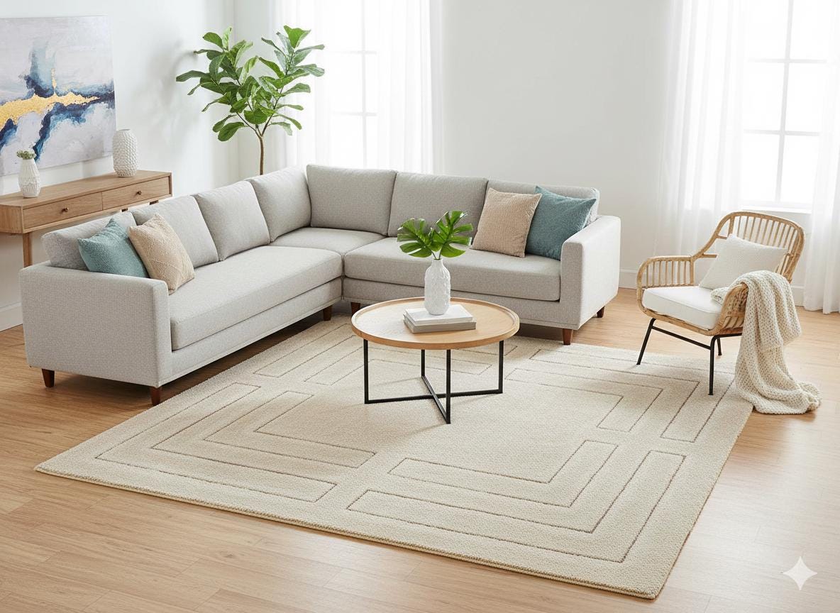 Contemporary Beige Shaggy Area Rug with Geometric Border – Soft High Pile Modern Carpet