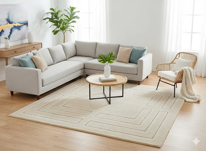 Contemporary Beige Shaggy Area Rug with Geometric Border – Soft High Pile Modern Carpet