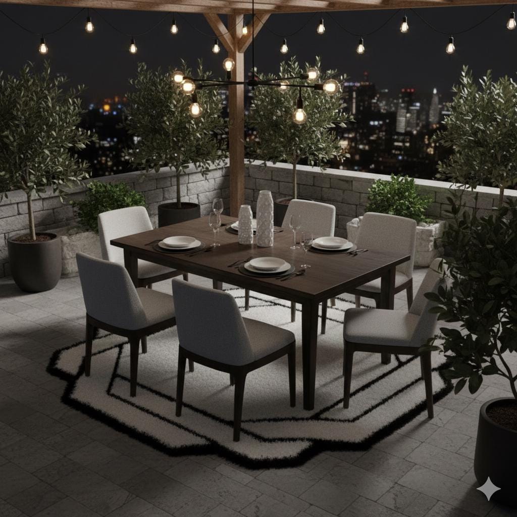 Contemporary White Shaggy Area Rug with Black Geometric Border – Modern Statement Carpet