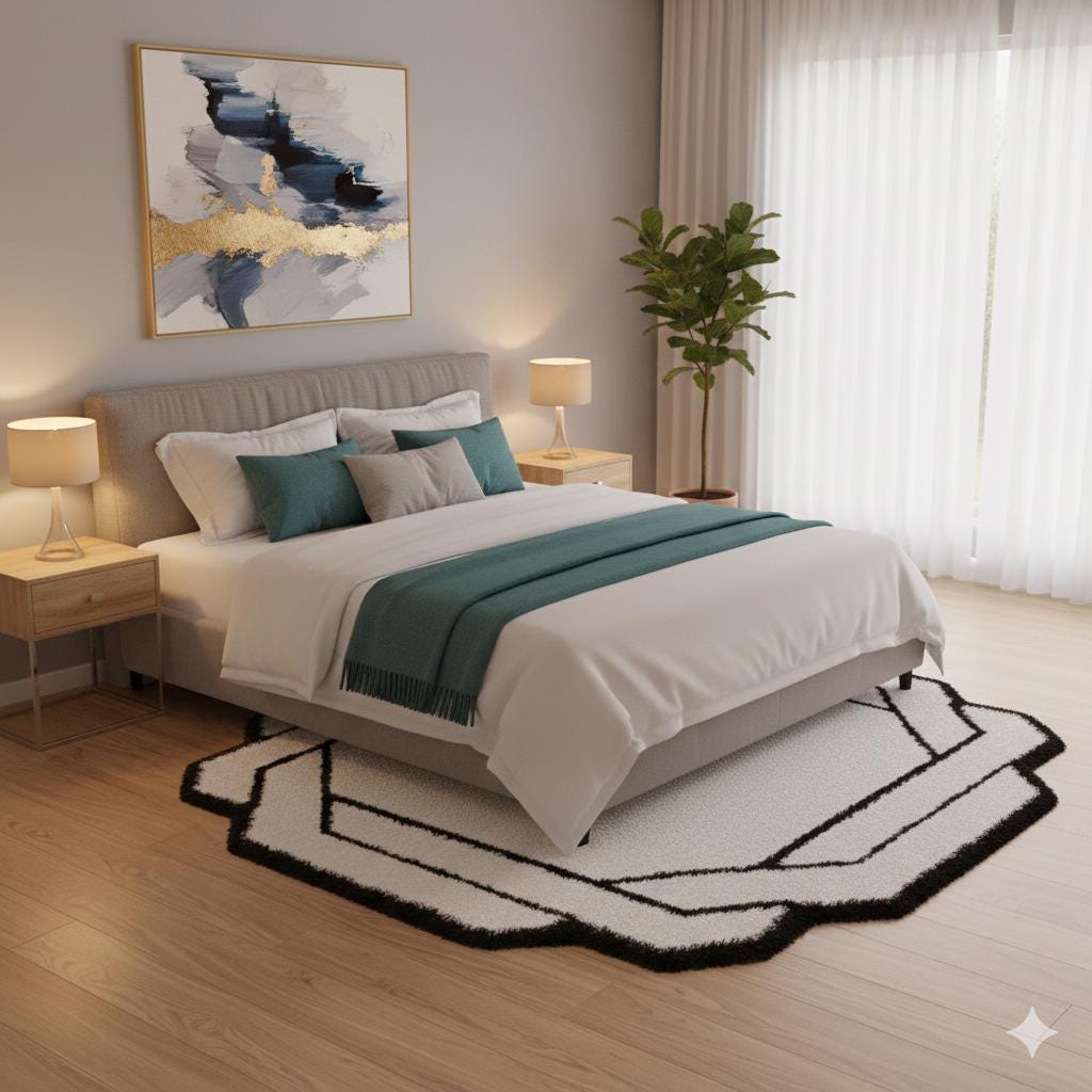 Contemporary White Shaggy Area Rug with Black Geometric Border – Modern Statement Carpet