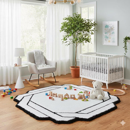 Contemporary White Shaggy Area Rug with Black Geometric Border – Modern Statement Carpet