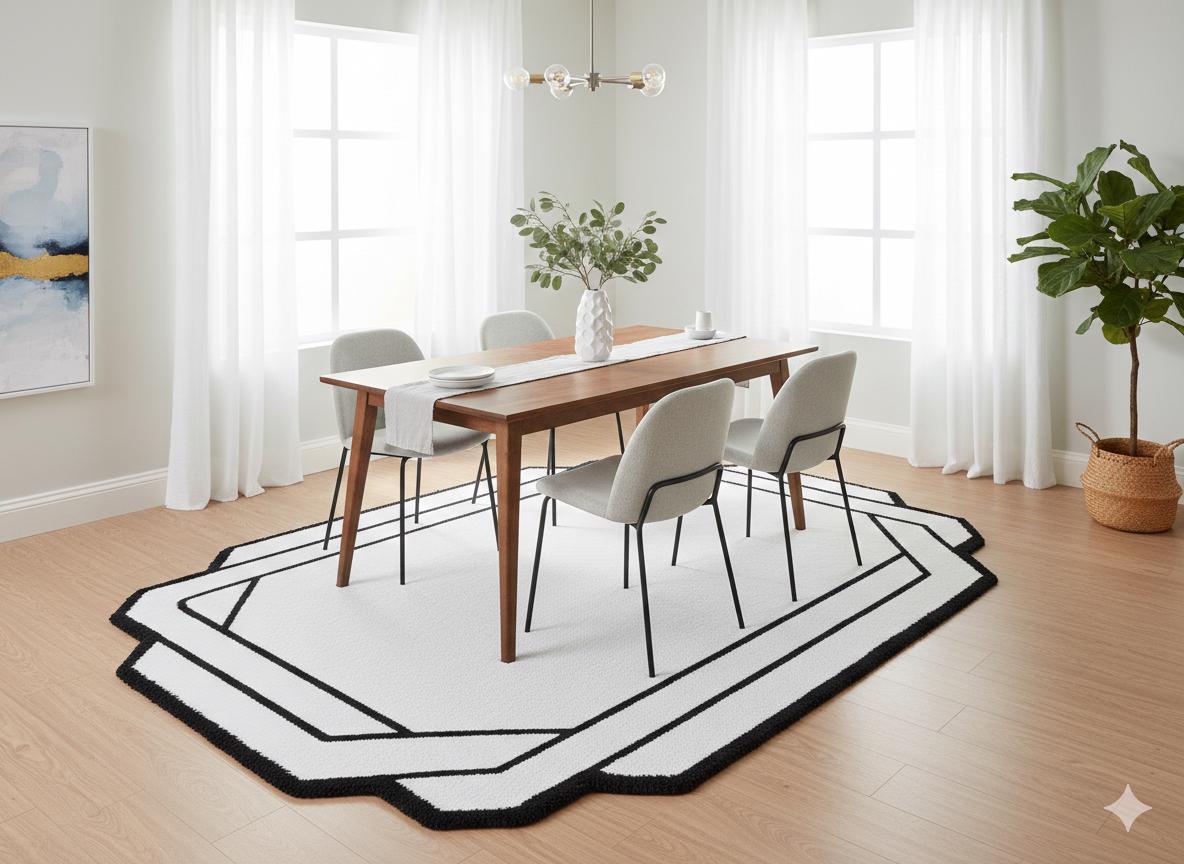 Contemporary White Shaggy Area Rug with Black Geometric Border – Modern Statement Carpet