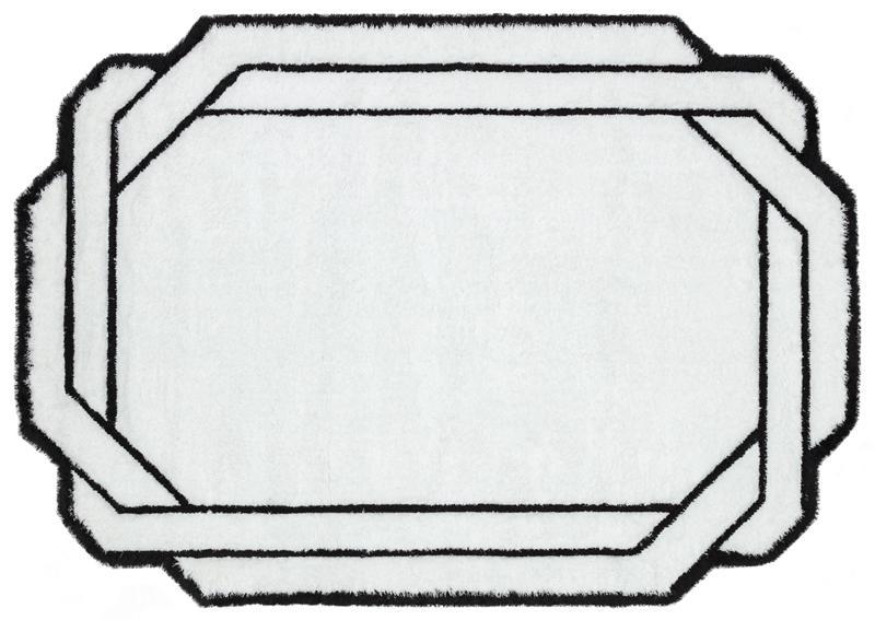 5x8ft, Contemporary White Shaggy Area Rug with Black Geometric Border – Modern Statement Carpet