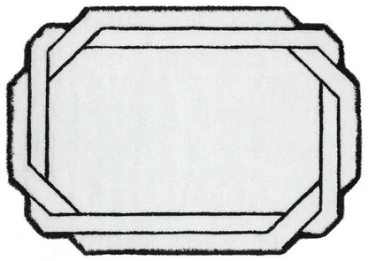 5x8ft, Contemporary White Shaggy Area Rug with Black Geometric Border – Modern Statement Carpet