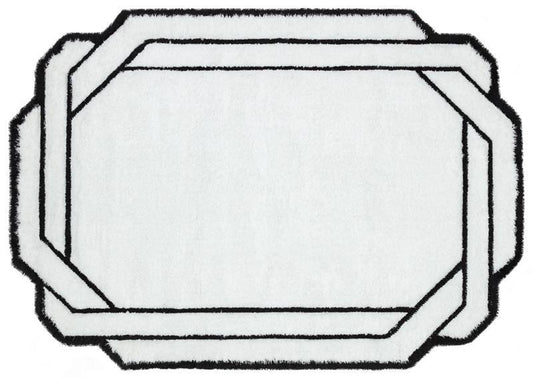 5x8ft, Contemporary White Shaggy Area Rug with Black Geometric Border – Modern Statement Carpet