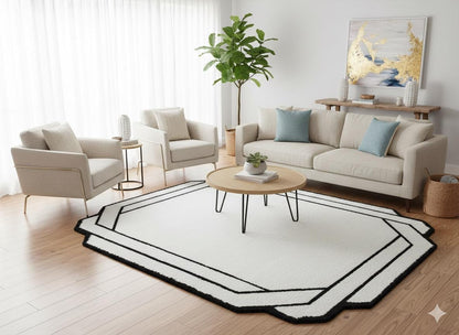 5x8ft, Contemporary White Shaggy Area Rug with Black Geometric Border – Modern Statement Carpet