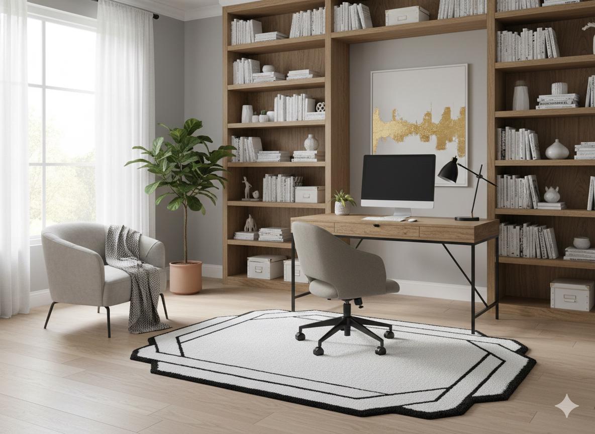 5x8ft, Contemporary White Shaggy Area Rug with Black Geometric Border – Modern Statement Carpet