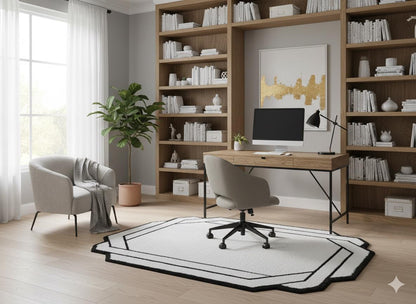 5x8ft, Contemporary White Shaggy Area Rug with Black Geometric Border – Modern Statement Carpet
