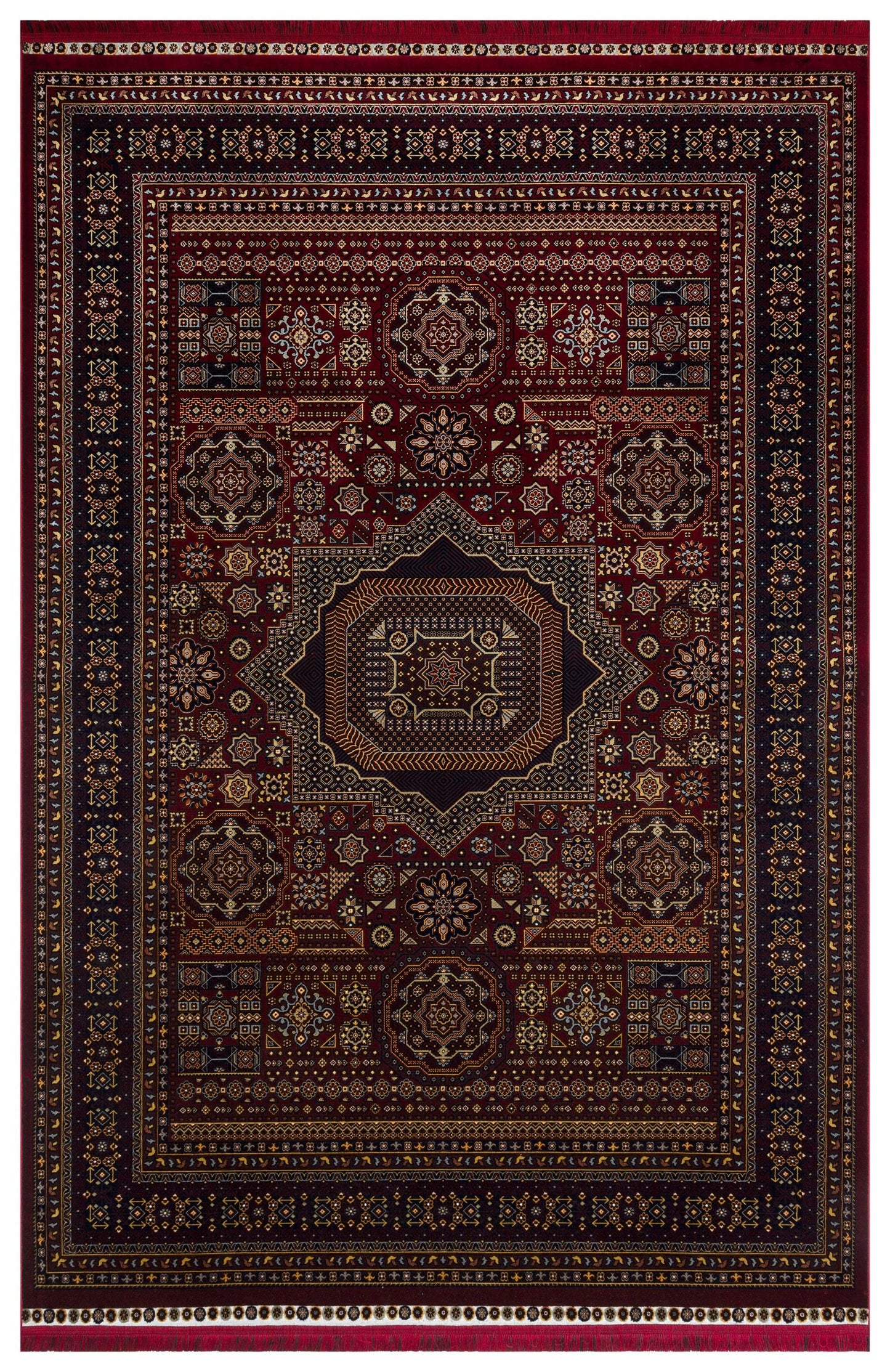 Crimson Red Persian Style Area Rug – Geometric Medallion Oriental Carpet