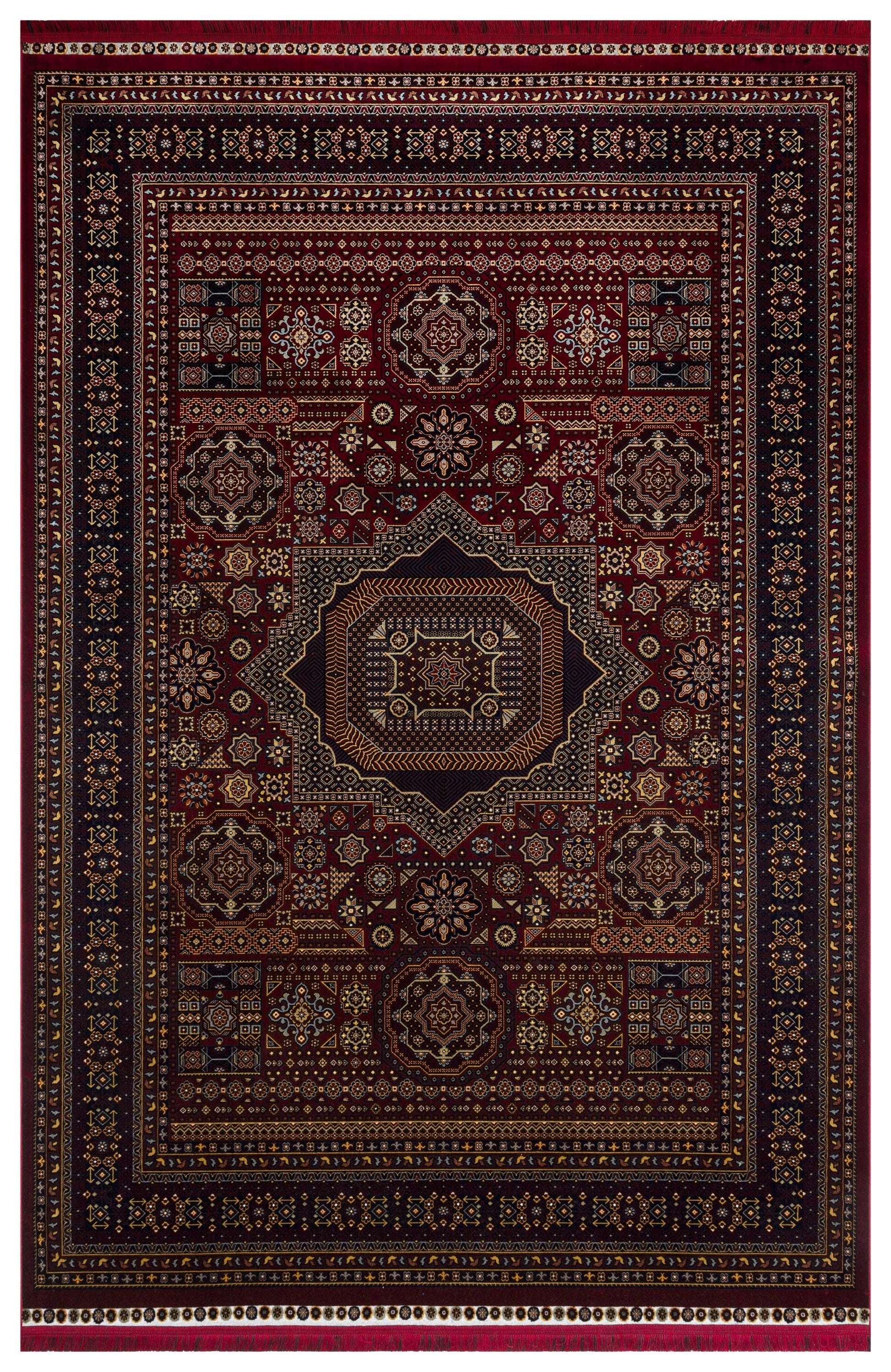 Crimson Red Persian Style Area Rug – Geometric Medallion Oriental Carpet